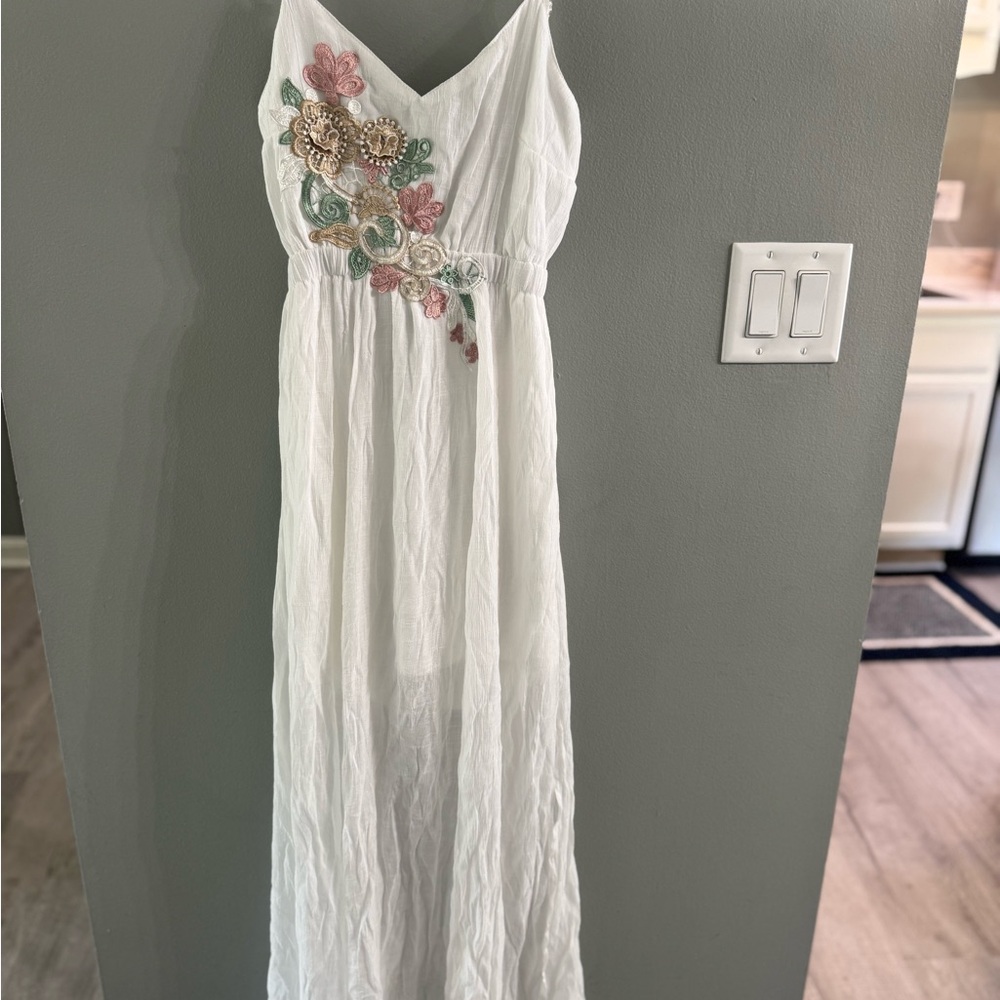 Say What? White Maxi Dress with Floral Embroidery